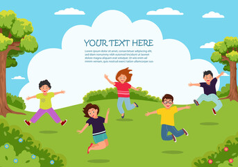 Children's activities. Happy funny children play and jump in the park. Template for advertising brochure.