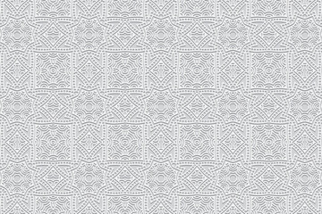 Embossed white background, trendy vintage cover design. Geometric elegant 3D pattern, ornamental texture. Ethnic creativity of the peoples of the East, Asia, India, Mexico, Aztecs, Peru.