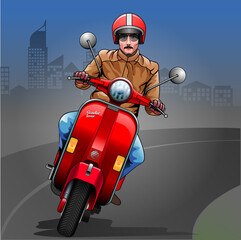 Vector illustration, modified scooter rider with urban atmosphere background.