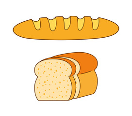 Baguette and half a loaf of white toast bread with slice isolated cartoon vector