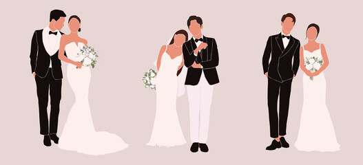 Set of abstract silhouette of wedding couple groom and bride. Woman with bouquet and man portrait. Invitation card. Wedding ceremony. Marriage people vector illustration. Newlyweds poster print decor