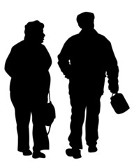 Elderly woman and man with a stick is walking down the street. Isolated silhouette on a white background