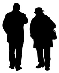 Elderly woman and man with a stick is walking down the street. Isolated silhouette on a white background