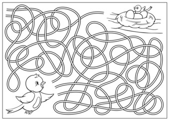 Fototapeta premium Kids maze game and coloring. Labyrinth for children. Riddle find way for cute birds. Education activity page. Vector illustration.