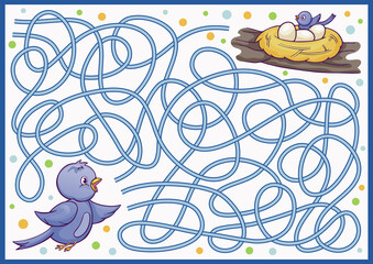 Maze game and labyrinth for children. Kids riddle find way for cute birds. Education activity page and worksheet. Cartoon bird nest vector illustration.