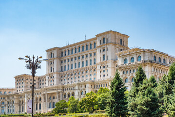 Fototapeta na wymiar Palace of the Parliament (Romanian: Palatul Parlamentului), also known as the Republic's House (Casa Republicii) or People's House/People's Palace (Casa Poporului), located in Bucharest, Romania