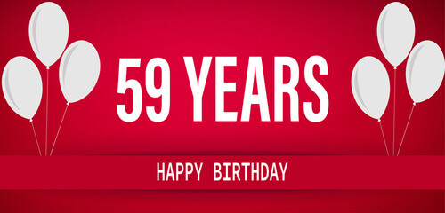 59 Years Anniversary Celebration,Happy Birthday Card design,red birthday card, birthday invitation on red background with white numbers and white balloons.