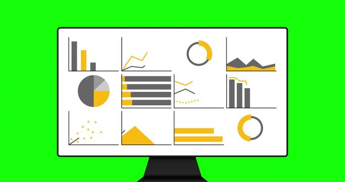 Animated Infographics set. Animation of twelve different charts and graphs in orange color presented on monitor mock up isolated on green background. High quality 4k footage.