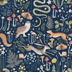 Fairy forest seamless pattern. Moon, stars, hare, squirrel, owl, flowers and mushrooms on a dark blue background. 