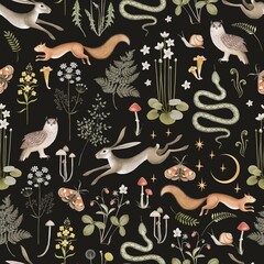 Fairy forest seamless pattern. Moon, stars, hare, squirrel, owl, flowers and mushrooms on a black background. Stock illustration.