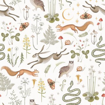 Fairy forest seamless pattern. Moon, stars, hare, snake, squirrel, owl, flowers and mushrooms on a white background. Stock illustration.