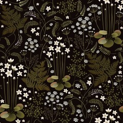 Floral seamless pattern on a black background. Field and forest plants. Fern, water lily, wild pea. Small pattern. Stock illustration.