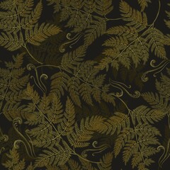 Seamless pattern of fern leaves on a black background. Stock illustration.