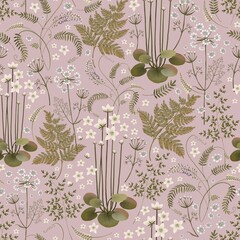 Floral seamless pattern on a light purple background. Field and forest plants. Fern, water lily, wild pea. Stock illustration.