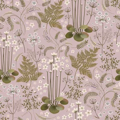 Foto op Canvas Floral seamless pattern on a light purple background. Field and forest plants. Fern, water lily, wild pea. Stock illustration. © marina draws