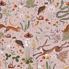 Fairy forest seamless pattern. Moon, stars, hare, squirrel, owl, flowers and mushrooms on a purple background. 