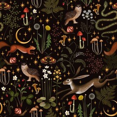 Fairy forest seamless pattern. Moon, stars, hare, squirrel, owl, flowers and mushrooms on a black background. 