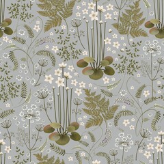 Floral seamless pattern on a grey background. Field and forest plants. Fern, water lily, wild pea. Stock illustration.