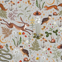 Fairy forest seamless pattern. Moon, stars, hare, squirrel, owl, flowers and mushrooms on a grey background. 