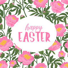 Happy Easter greeting card, banner, poster, holiday cover. Hand-drawn trendy design of Spring flowers. Vector flat cartoon illustration.