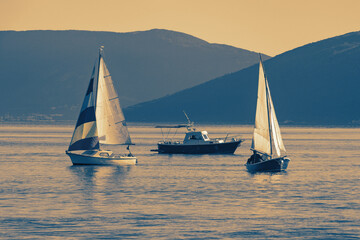 Fototapeta premium Sailing boats on water at sunset. Mediterranean landscape. Montenegro, Kotor Bay. Sepia-cyan toned image