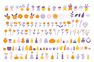Collection of Hand-drawn Flowers, Leaves, Houseplants, Vases Vector Illustrations