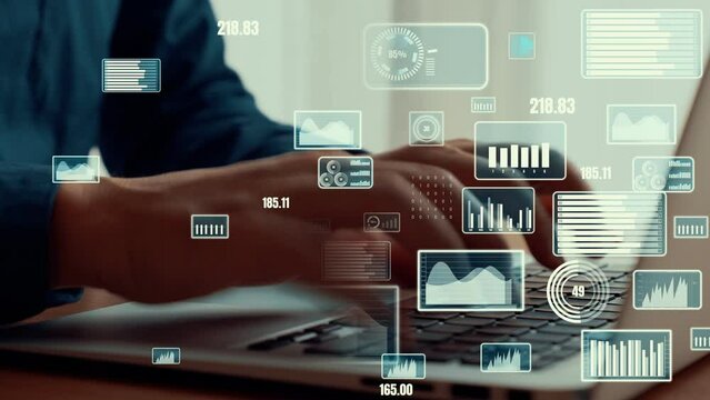 Businessman uses capable laptop computer to analyse business data analytic for marketing strategy and customer relationship management - Powered by Adobe