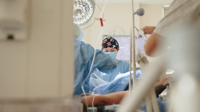 Process of Gynecological surgery operation. Female doctors performing gynecological operation at the hospital healthcare medicine gynecology treatment curing help assistance experience. Real scene.