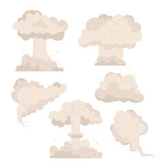 Cloud after bomb explosion set. Huge explosion of atomic bomb, dynamite detonator, nuclear mushroom. Dust smoke cloud after blast Vector illustration in cartoon style. Isolated on white background.