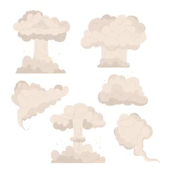 Fototapete Rund Cloud after bomb explosion set. Huge explosion of atomic bomb, dynamite detonator, nuclear mushroom. Dust smoke cloud after blast Vector illustration in cartoon style. Isolated on white background. © anniebirdie