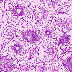 Fototapeta na wymiar Seamless floral pattern with purple flowers in doodle style 