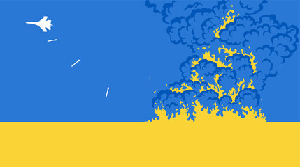 Military aircraft drops bombs on Ukraine flag background