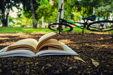 libro abierto en el parque con bicicleta