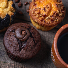 Chocolate muffin with nuts and cofffe 