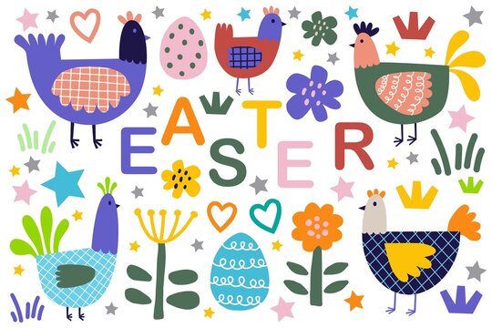 Vector illustration set of chicken in folk art. Happy Easter.
