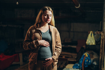 A Ukrainian pregnant woman hides in a bomb shelter, resisting a Russian invasion.
