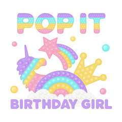 Popit birthday girl sublimation in fidget toy style. Bubble pop it birthday lettering. Pop it t-shirt design as a trendy silicone toy for fidget in purple color. Isolated cartoon vector illustration.