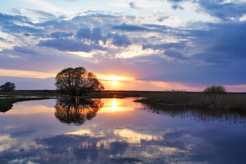 April sunset over water, early spring landscape over Biebrza