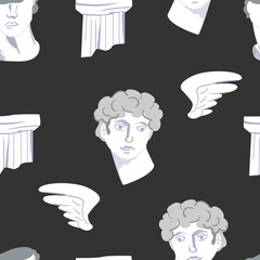 Seamless pattern with head of greek statue, antique column and wings. Mythical, ancient greek vector background in modern style