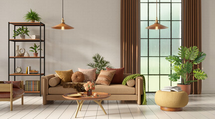 Home interior mock-up with cozy sofa on white wall background, 3d render	
