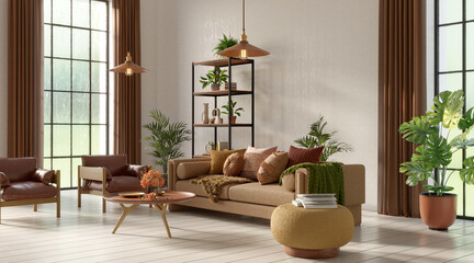 Home interior mock-up with cozy sofa on white wall background, 3d render	