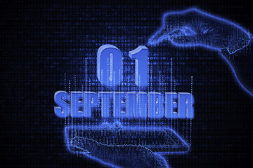 September 1st. A hand holding a phone with a calendar date on a futuristic neon blue background. Day 1 of month.