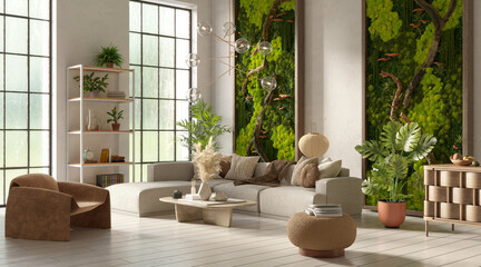 Modern living room interior with scandinavian moss on the wall, 3d rendering	