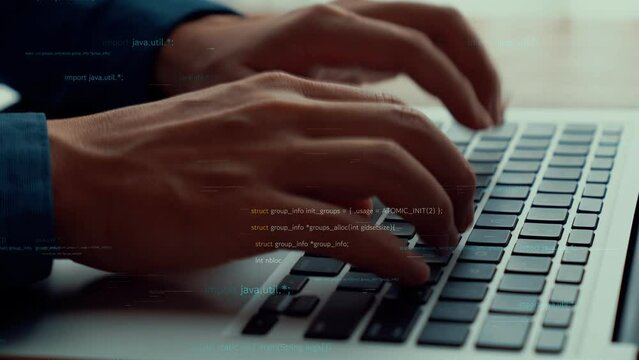 Computer programmer uses capable laptop computer to develop programming code of new software . Computer specialist working on future coding application for software programming development .