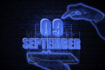 September 9th. A hand holding a phone with a calendar date on a futuristic neon blue background. Day 9 of month.