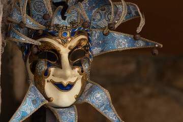 Closeup shot of a blue mask for a Carnival