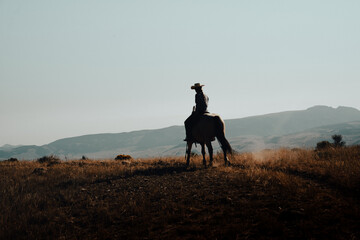 Silhouette of a cowgirl on a rural hill at sunset in Wyoming