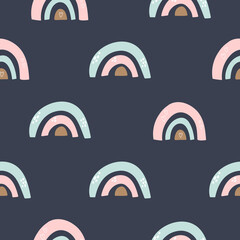Seamless pattern with hand drawn rainbows on dark blue background