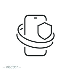 mobile security icon, phone with shield, antivirus protect app, thin line symbol on white background - editable stroke vector illustration