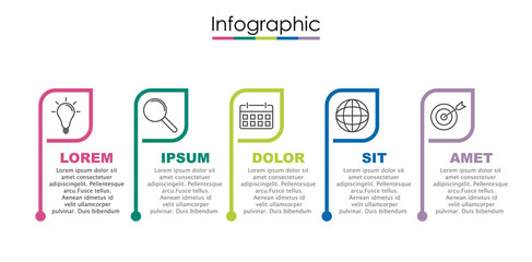 Vector infographic template with five steps or options. Illustration presentation with thin line elements icons.  Business concept graphic design can be used for web, paper brochure, diagram